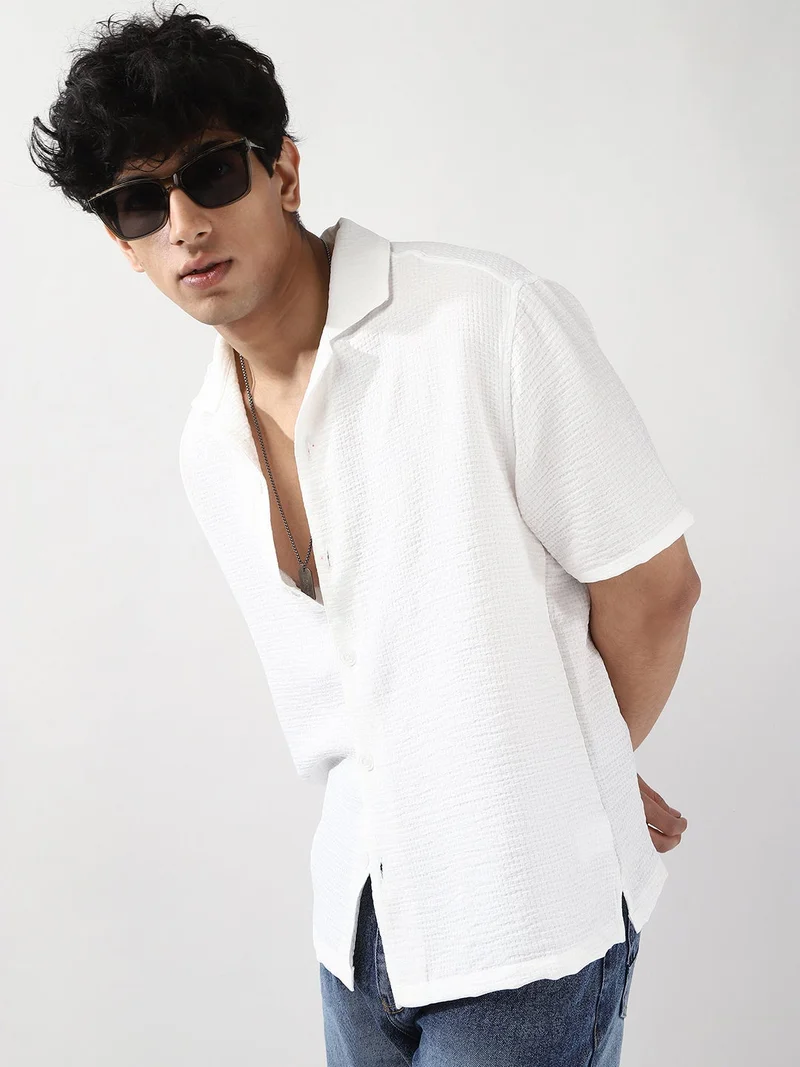 Urbano Fashion  Urbano Fashion Men's White Cotton Half Sleeve Oversized Fit Textured Shirt with Cuban Collar  | Best Price UAE