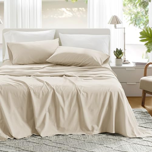 Comfort Spaces 100 Cotton Sheets Twin Breathable Ultra Soft Cotton Sheets Naturally Cool Cotton Bed Sheets with 12 Elastic Pocket Fits up to 14 Mattress All Seasons Sheet Set Cream 3 Piece - Image 1