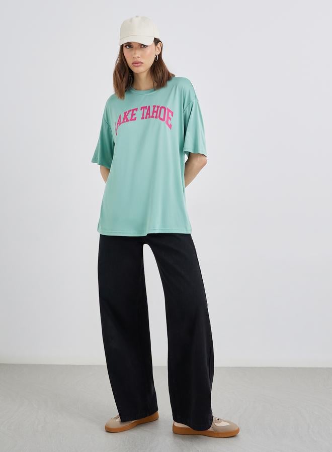 Take Two Green Oversized Slogan T-Shirt - Image 2