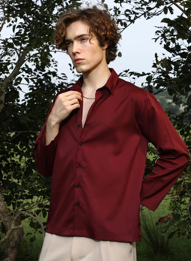 CAHOOT  Men's Wine Red Satin Oversized Shirt for Men | Best Price UAE