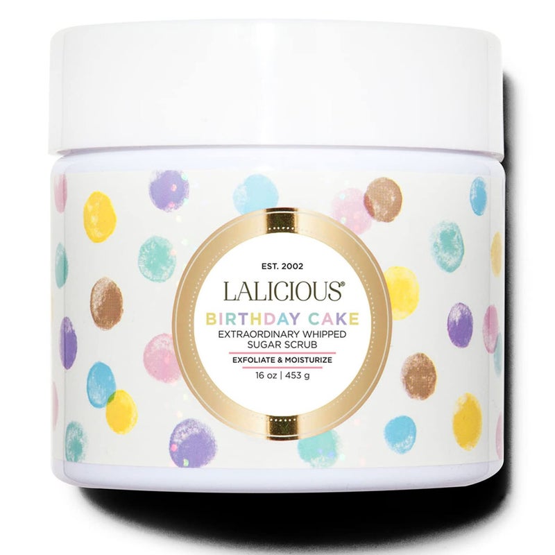 LaLicious Birthday Cake Extraordinary Whipped Sugar Scrub - Pink Shimmer Body & Foot Scrub, Exfoliating & Moisturizing Skin Care with Coconut Oil & Honey, No Parabens (16oz)