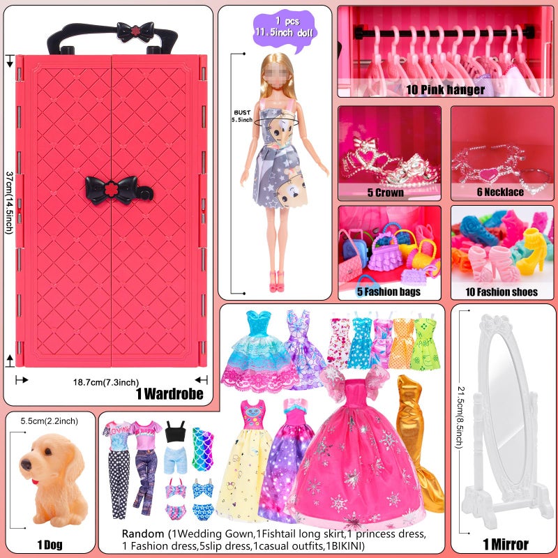 iBayda 115Inch Fashion Doll with Closet Clothes Accessories Set  Includes Princess Gown Long Dresses Outfits Shoes Handbags Mirror Pet Dog  More Doll Included - Image 3