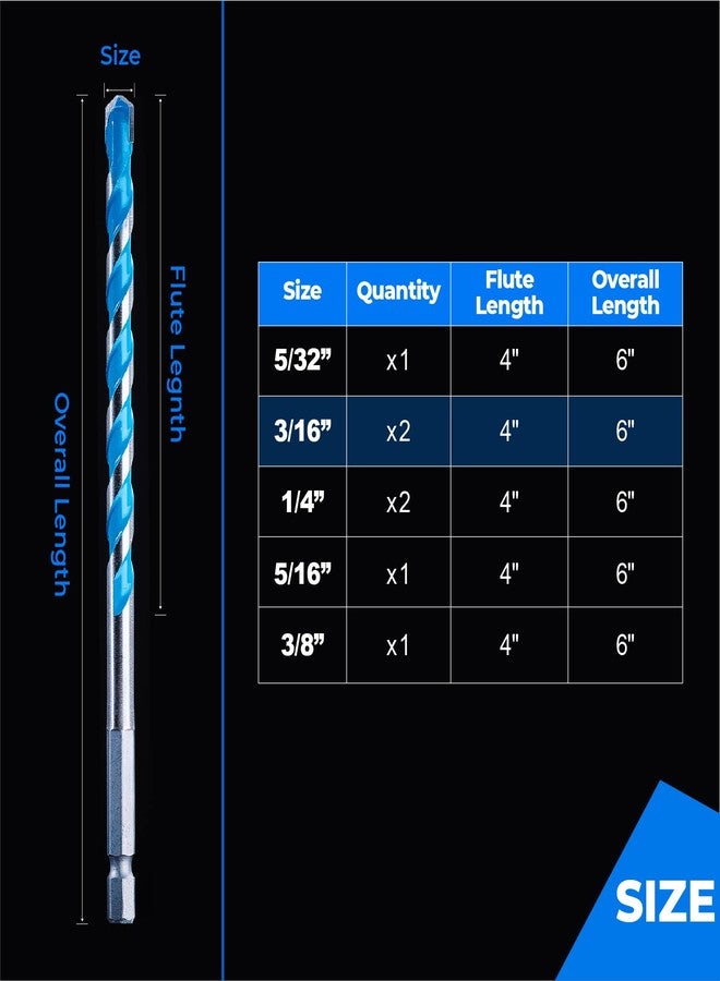 toolant 3/16" Concrete Drill Bit Set & Masonry Drill Bit Set, Shockproof Hex Shank Hammer Drill Bit Set for Glass/Brick/Plastic/Cement/Tile, Industrial Strength Carbide Drill Bit Tip 1/4" Box of 10 - Image 5