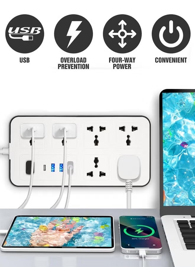 ULHYC Extension Cord Protector Power Strip with 6 Outlets, 3 USB-A Ports, 1 USB-C Port, Flat Plug, Wall Mountable, Desk USB Charging Station, Ideal for All Electronic Devices, White - Image 2