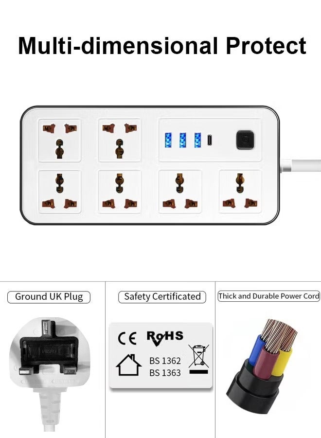 ULHYC Extension Cord Protector Power Strip with 6 Outlets, 3 USB-A Ports, 1 USB-C Port, Flat Plug, Wall Mountable, Desk USB Charging Station, Ideal for All Electronic Devices, White - Image 3