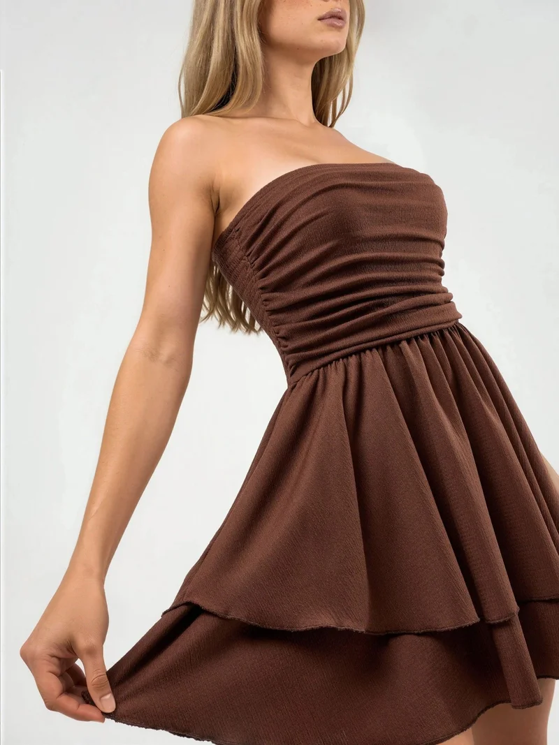 Hiccup Mocha Brown Strapless Ruffle Mini Dress for Women | Best Price UAE