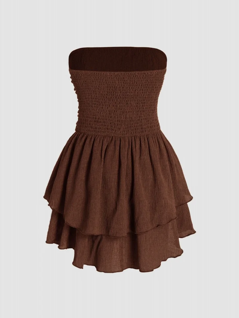 Hiccup Mocha Brown Strapless Ruffle Mini Dress for Women | Best Price UAE