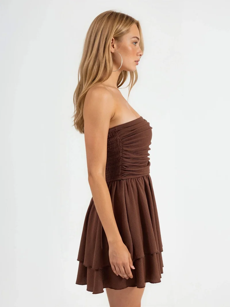 Hiccup Mocha Brown Strapless Ruffle Mini Dress for Women | Best Price UAE