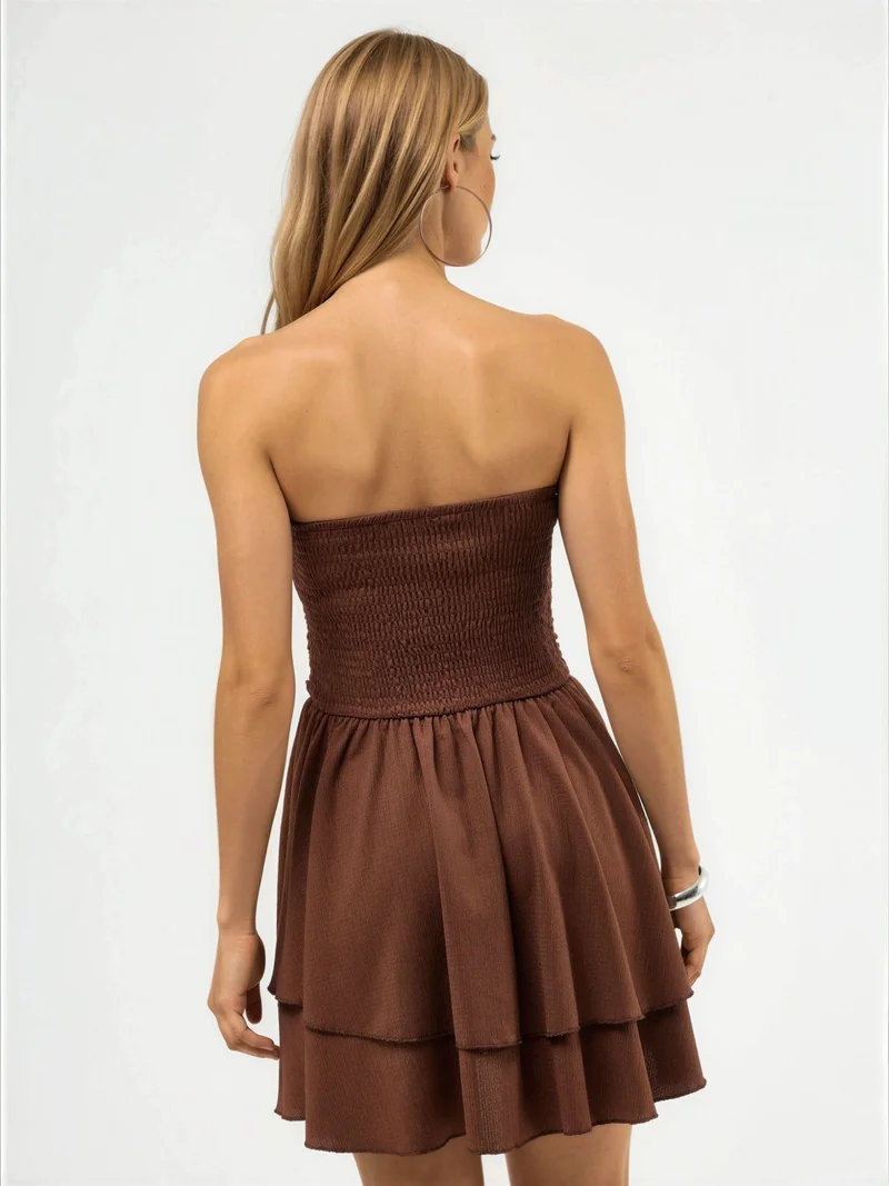 Hiccup Mocha Brown Strapless Ruffle Mini Dress for Women | Best Price UAE
