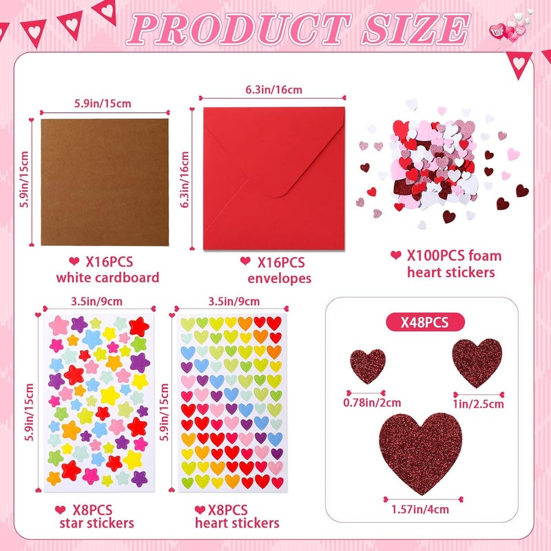 klarako Valentines Crafts Valentines DIY Card Valentines's Day Kits for Kids, Foam Heart Sticker Craft DIY Kits Sticker Envelopes Cards Set for Boys Girls Classroom Exchange Gifts 16 Pack(Red) - Image 2