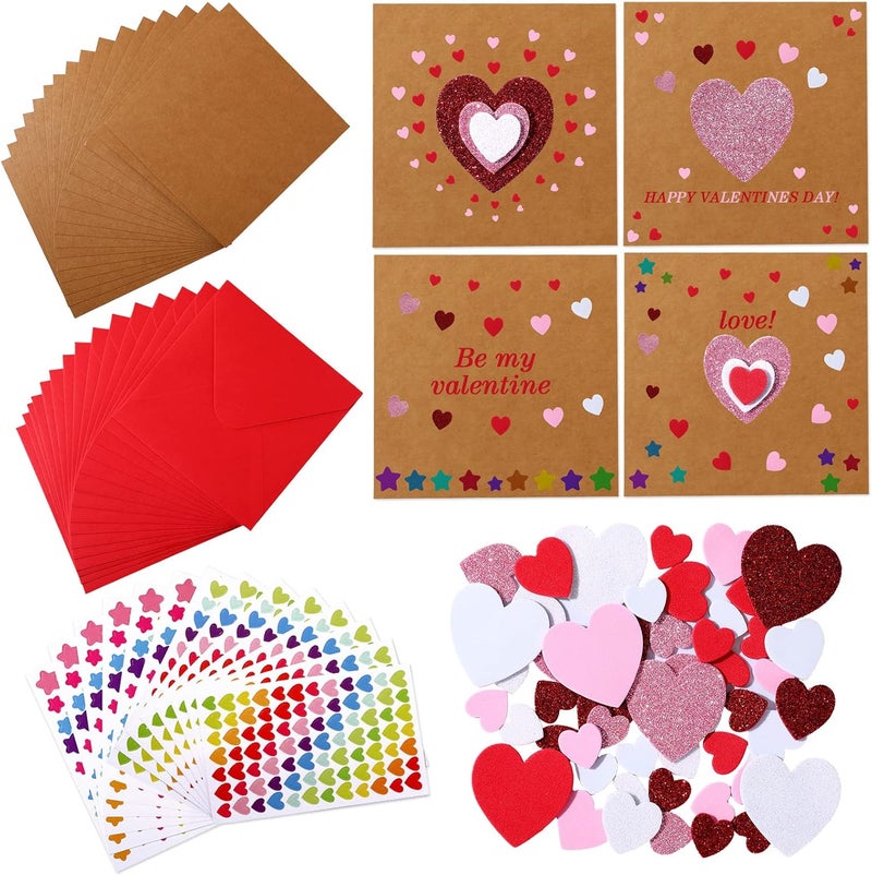 klarako Valentines Crafts Valentines DIY Card Valentines's Day Kits for Kids, Foam Heart Sticker Craft DIY Kits Sticker Envelopes Cards Set for Boys Girls Classroom Exchange Gifts 16 Pack(Red) - Image 1