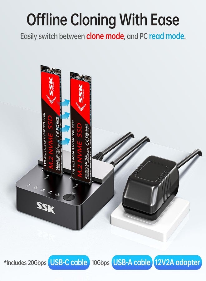 SSK NVMe SSD Cloner, M.2 Duplicator Dual Bay NVMe Enclosure, Tool-Free 20Gbps USB3.2 Gen 2X2 SSD to USB Adapter M.2 Docking Station for M Key PCIE NVMeSSD Reader Supports Offline Clone - Image 3