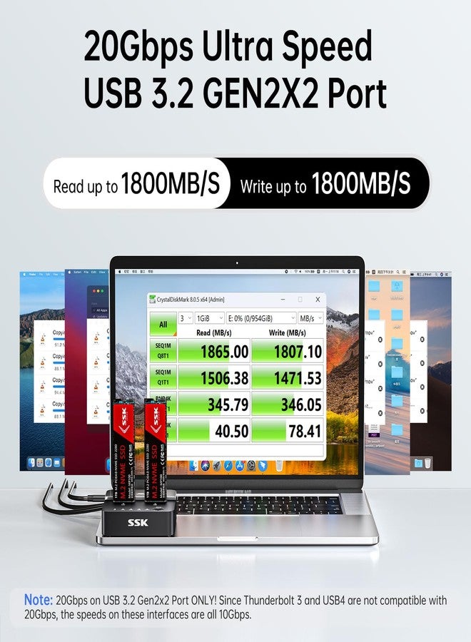 SSK NVMe SSD Cloner, M.2 Duplicator Dual Bay NVMe Enclosure, Tool-Free 20Gbps USB3.2 Gen 2X2 SSD to USB Adapter M.2 Docking Station for M Key PCIE NVMeSSD Reader Supports Offline Clone - Image 2