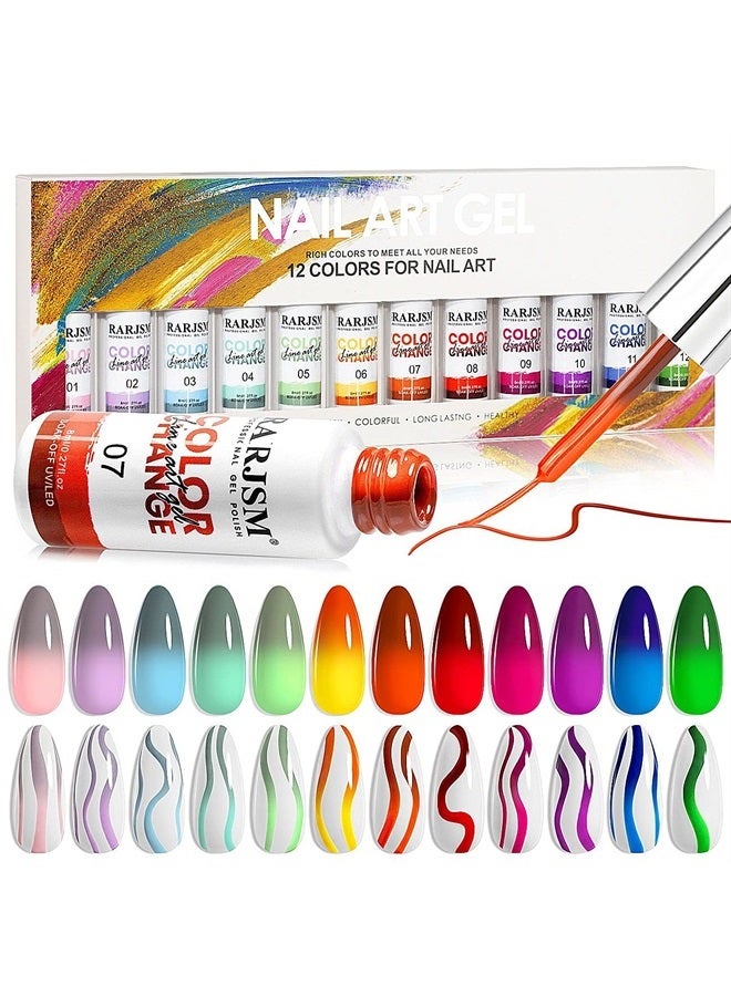 RARJSM Temperature Color Changing Painted Line Art Gel Nail Polish Set,12 Colors Mood Changing Gel Polish Pink Orange Red Blue Green Purple for Fall Winter Nail Art DIY Design Curing Required 8ml - Image 1