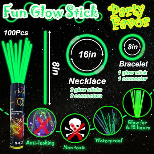ILHSTY 100 pk 8'' Green Glow Sticks Glow Necklaces In The Dark Party Favors Supplies Bright GlowSticks Bulk for Birthday Easter Valentine Mardi Gras Christmas St. Patrick Halloween Party (Green*100) - Image 3