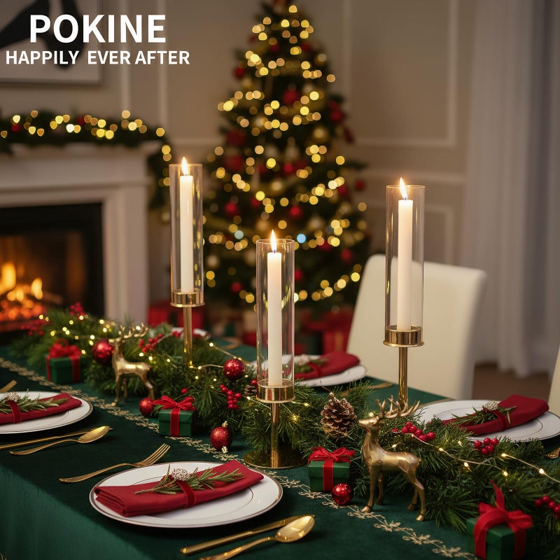 POKINE مجموعة حوامل الشموع الذهبية POKINE عدد 3 لحوامل الشموع الزجاجية، حامل الشموع الإعصارية لتزيين المنزل، الزفاف، العشاء، الحفلات، الذكرى السنوية (3، ذهب) - Image 2