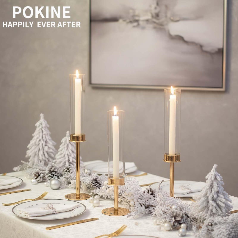 POKINE مجموعة حوامل الشموع الذهبية POKINE عدد 3 لحوامل الشموع الزجاجية، حامل الشموع الإعصارية لتزيين المنزل، الزفاف، العشاء، الحفلات، الذكرى السنوية (3، ذهب) - Image 5