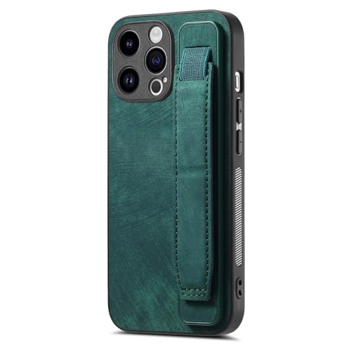 Omio Designed for iPhone 15 Pro Max Leather Case with Stand & Strap, Wrist Strap Leather Back Cover Hard PC Shockproof Finger Grip Case for Men Women Girls, Green - Image 1