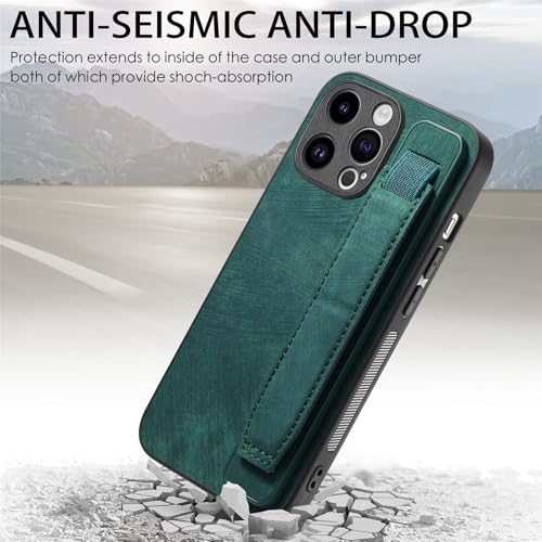 Omio Designed for iPhone 15 Pro Max Leather Case with Stand & Strap, Wrist Strap Leather Back Cover Hard PC Shockproof Finger Grip Case for Men Women Girls, Green - Image 3