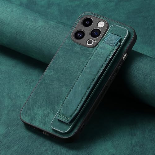 Omio Designed for iPhone 15 Pro Max Leather Case with Stand & Strap, Wrist Strap Leather Back Cover Hard PC Shockproof Finger Grip Case for Men Women Girls, Green - Image 2