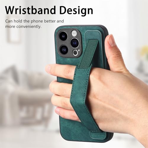Omio Designed for iPhone 15 Pro Max Leather Case with Stand & Strap, Wrist Strap Leather Back Cover Hard PC Shockproof Finger Grip Case for Men Women Girls, Green - Image 4