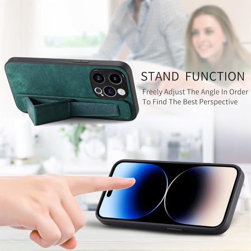 Omio Designed for iPhone 15 Pro Max Leather Case with Stand & Strap, Wrist Strap Leather Back Cover Hard PC Shockproof Finger Grip Case for Men Women Girls, Green - Image 5