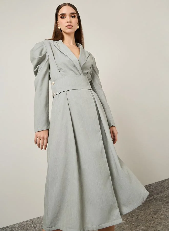 Styli Collared Volume Sleeve A-Line Midi Dress