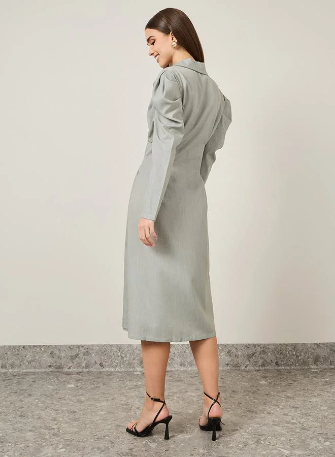 Styli Collared Volume Sleeve A-Line Midi Dress