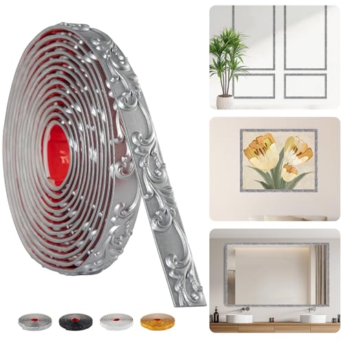HOHNNYREET 16.4FT x 1.02'' Silver Peel and Stick Crown Molding Trim – Flexible Mirror Trim Peel and Stick, Self-Adhesive Decorative Edge for Frames & Cabinets - Image 1