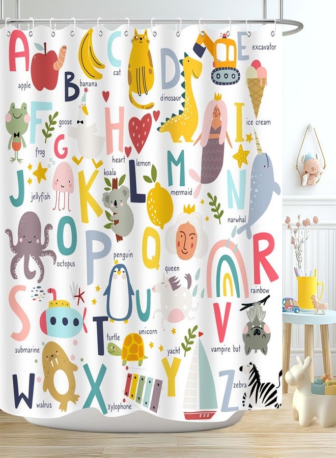 ZXMBF Kids ABC Shower Curtain Alphabet Educational Learning Tool Toddler Baby Cartoon Animals Girls Boys Colorful Bath Curtain Decor Waterproof Fabric 72Lx72W Inch with Hooks - Image 3