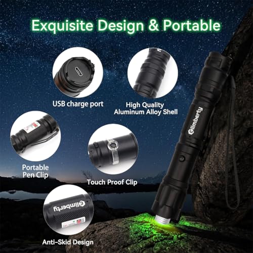 Climberty مؤشر ليزر أخضر قوي Climberty® مدى طويل 10000م، ضوء ليزر قابل للشحن عبر USB، 8 أنماط نجوم، مصنوع من سبائك الألمنيوم المقاومة للماء، للتأمل في النجوم، والمشي، والتعليم، والبناء، والعروض التقديمية - Image 5