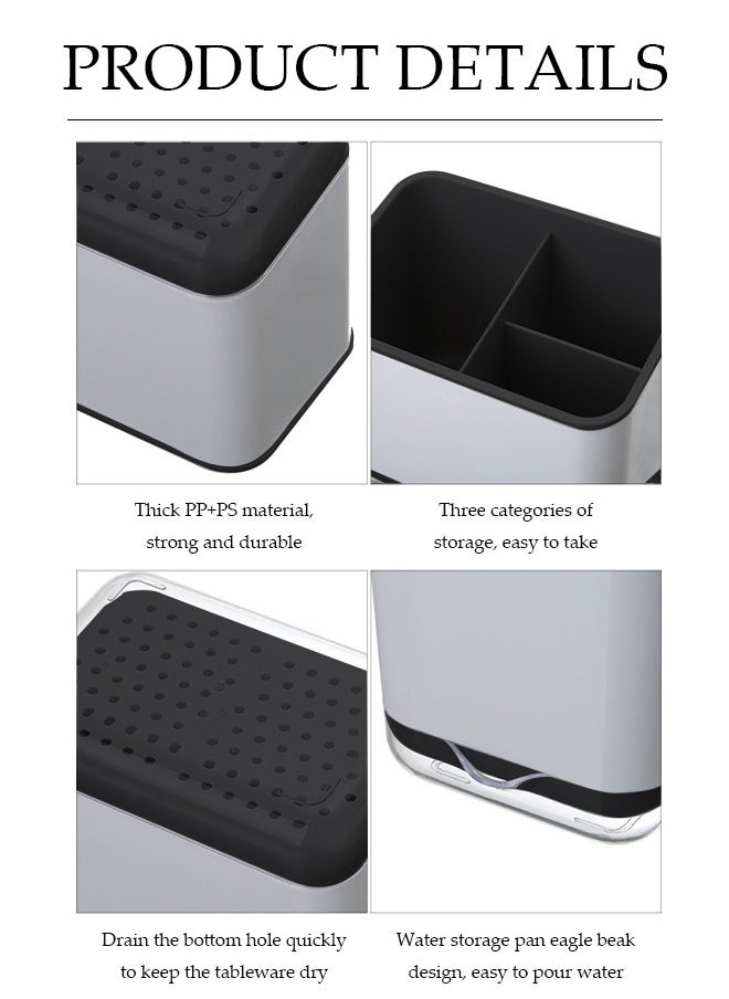 DUNISO - Kitchen cutlery rack, multifunctional household storage box with three compartments and drain pan, detachable, suitable for storing chopsticks, spoons and forks, 15 * 10 * 14cm - Image 1