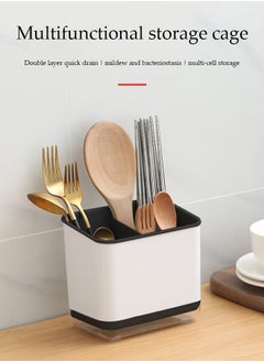 DUNISO Kitchen cutlery rack, multifunctional household storage box with three compartments and drain pan, detachable, suitable for storing chopsticks, spoons and forks, 15 * 10 * 14cm  - Image 2