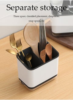 DUNISO Kitchen cutlery rack, multifunctional household storage box with three compartments and drain pan, detachable, suitable for storing chopsticks, spoons and forks, 15 * 10 * 14cm  - Image 4