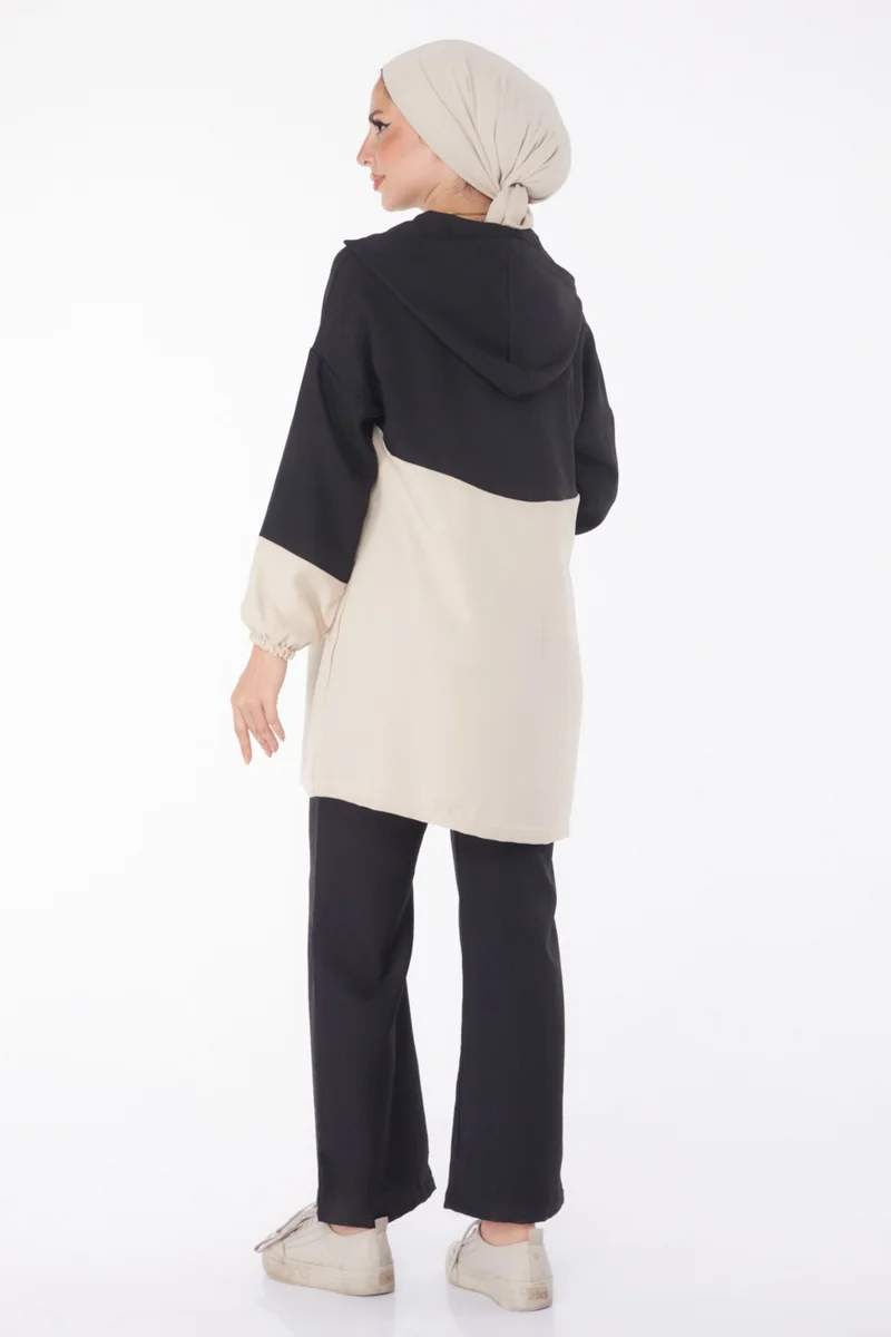 Tofisa Plain Hooded Collar Women's Black Zippered Two Piece Suit - 13234