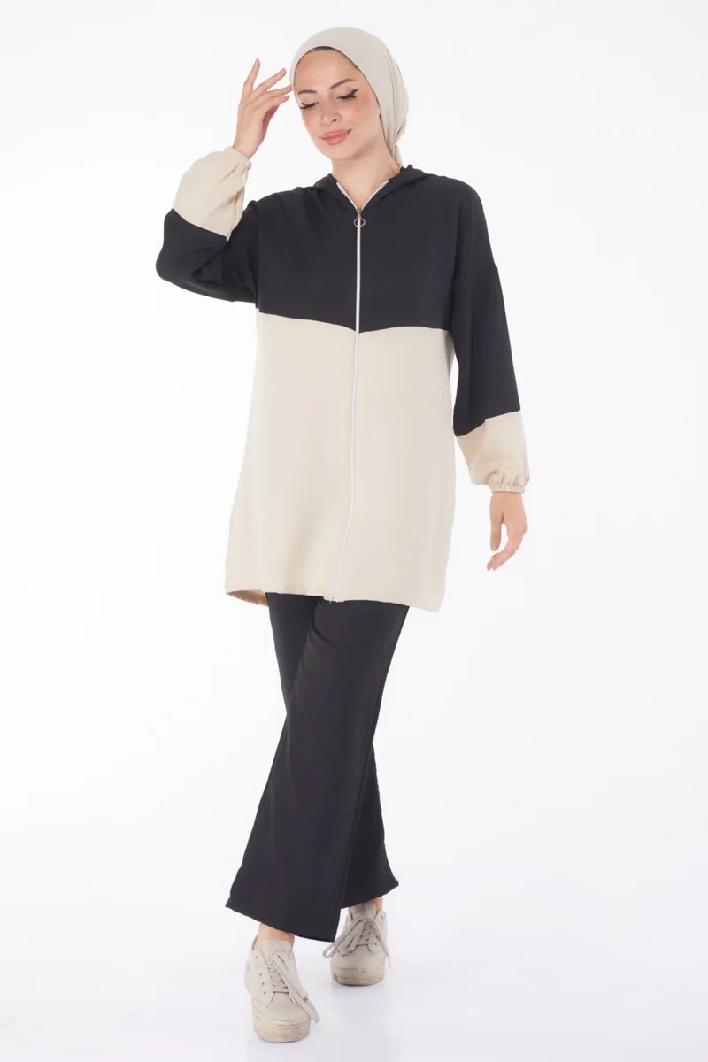 Tofisa Plain Hooded Collar Women's Black Zippered Two Piece Suit - 13234