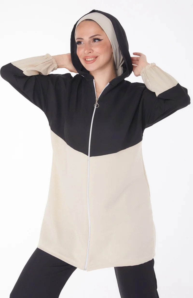 Tofisa Plain Hooded Collar Women's Black Zippered Two Piece Suit - 13234