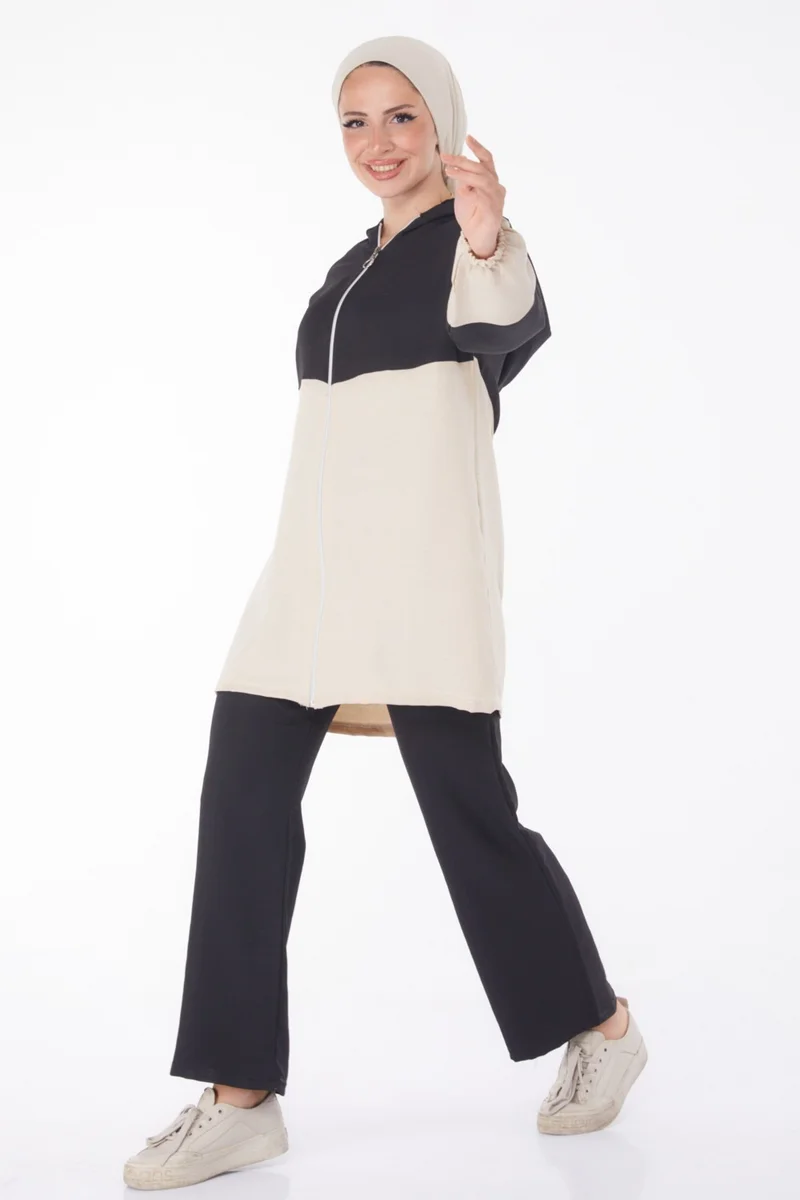 Tofisa Plain Hooded Collar Women's Black Zippered Two Piece Suit - 13234