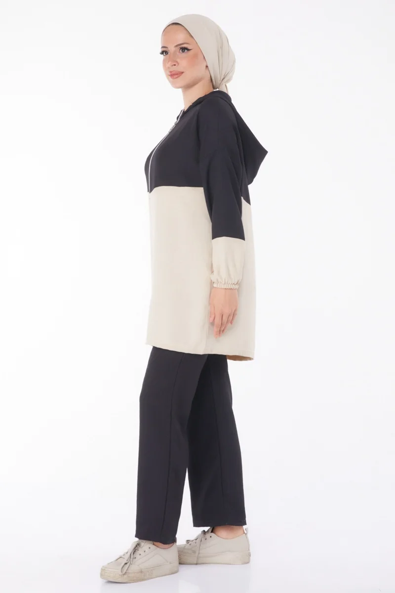 Tofisa Plain Hooded Collar Women's Black Zippered Two Piece Suit - 13234