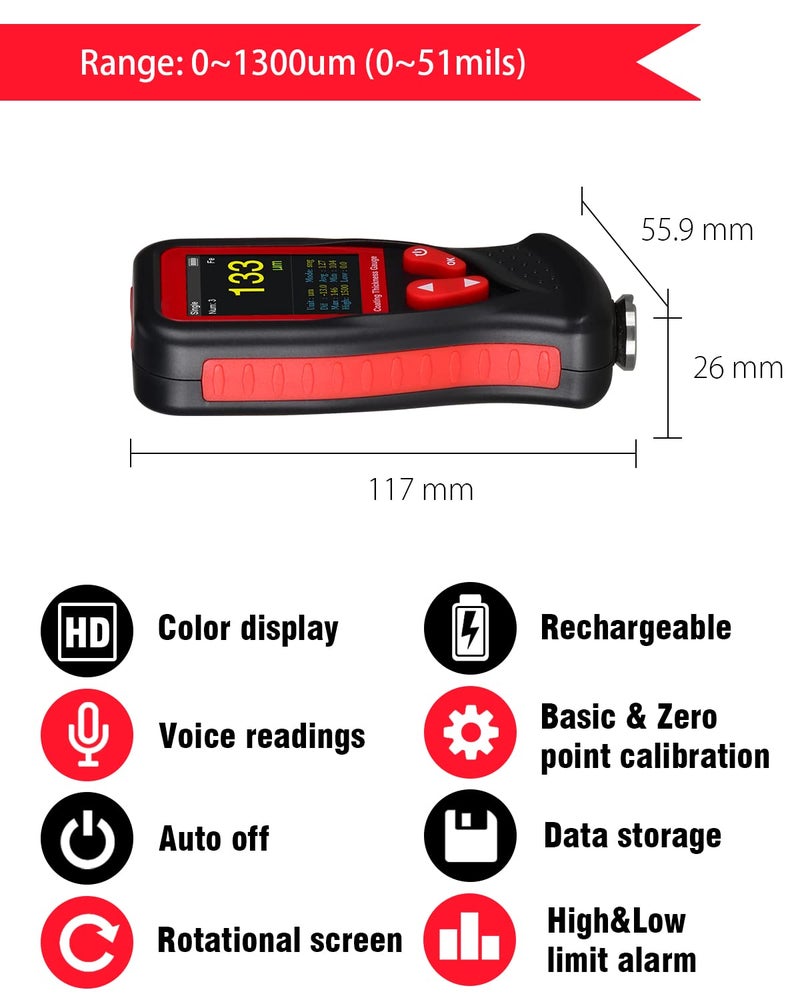 Wintact WT230 Paint Coating Thickness Gauge Meter - 0~1300um, 1500 Readings Storage, Rechargeable - Image 2