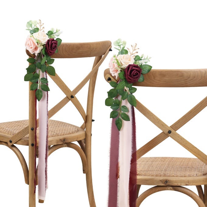 Wedding Aisle Decorations for Wedding Ceremony Set of 10 Pew Flowers for Church Chair Decorations Party Decor with Artificial Flowers Eucalyptus and Ribbons Burgundy