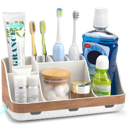 GFWARE Bathroom Countertop Organizer - Detachable 7 Slots Kids Electric Toothbrush and Toothpaste Holde Drainage for Bathroom Accessories Organization Counter Vanity Storage, Woodgrain - Image 1