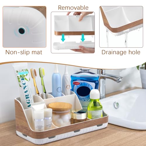 GFWARE Bathroom Countertop Organizer - Detachable 7 Slots Kids Electric Toothbrush and Toothpaste Holde Drainage for Bathroom Accessories Organization Counter Vanity Storage, Woodgrain - Image 4