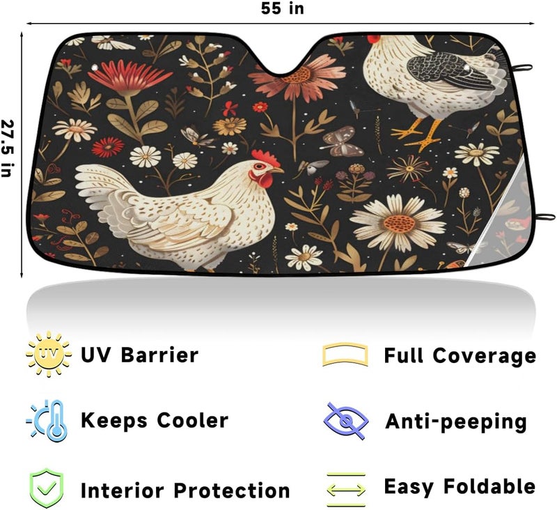 Farmhouse Chicken Car Windshield Sunshade, Foldable Sun Shield Keep Your Vehicle Cool, Boho Wildflower - Image 3