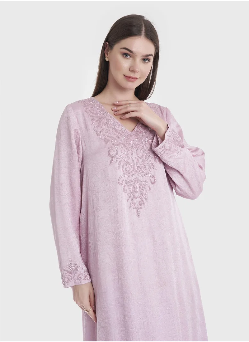 KASHKHA Dust Pink Embroidered Jalabiya