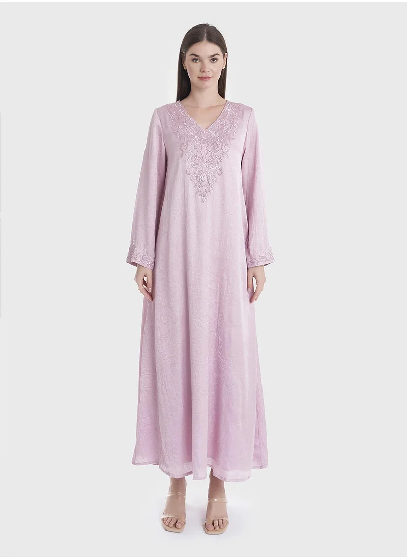 KASHKHA Dust Pink Embroidered Jalabiya