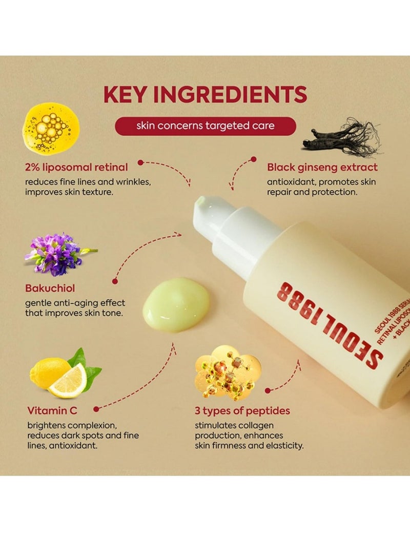 K-SECRET KSECRET SEOUL 1988 Serum : Retinal Liposome 2% + Black Ginseng, 30ml/1.01fl.oz | 58% Black Ginseng Extract with Retinal, Bakuchiol, Vitamin C & 3 Peptides for Wrinkle Care | Korean Skincare - Image 3