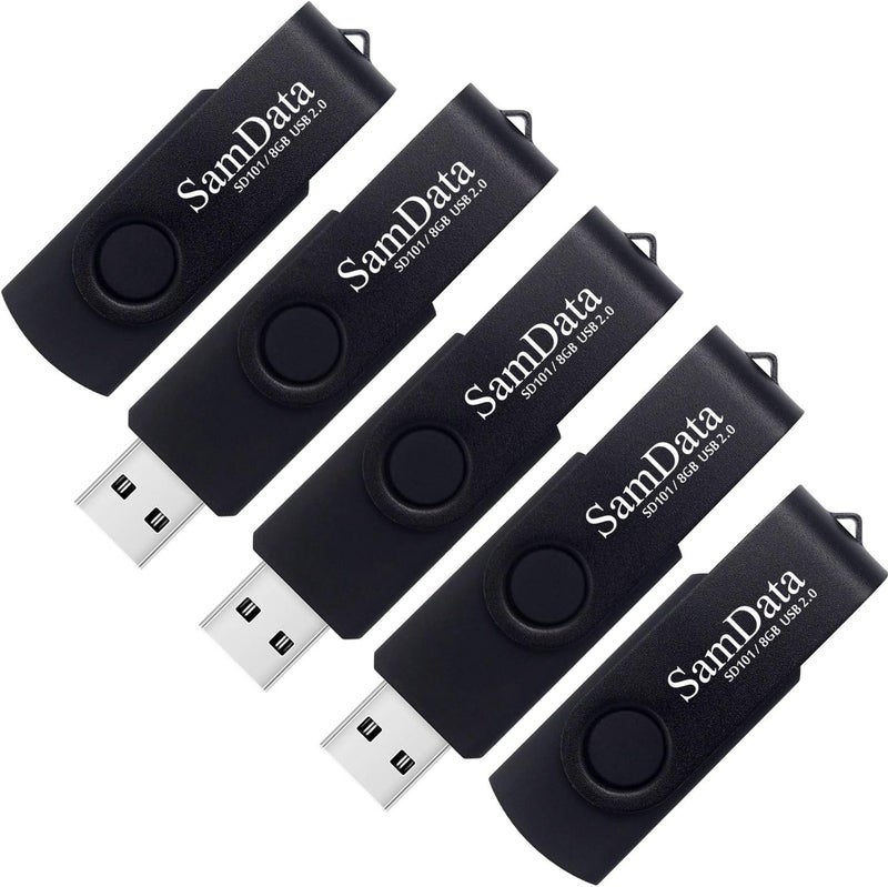 SamData USB Flash Drive 8GB 5 Pack USB 2.0 Thumb Drive Swivel Memory Stick with LED Indicator (Black, 8GB-5Pack) - Image 1