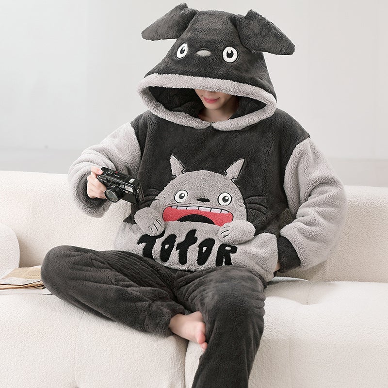 Winter Coral Fleece Pajamas Men'S Fleece-Lined Thickened Warm Cartoon Hooded Flannel Teenager Home Clothes Suit - Image 1
