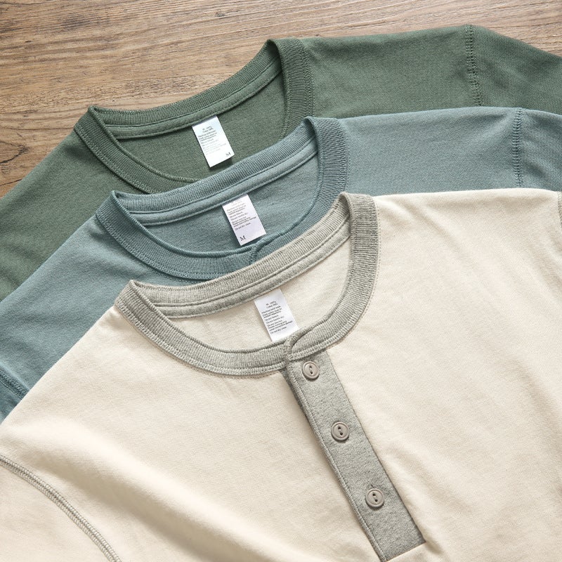 Three Needles American Retro Heavyweight T-Shirt Men'S Ami Khaki Pure Cotton White T-Shirt Henry Collar Men'S Short Sleeves - Image 3